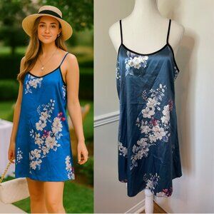 Blue Floral Satin Mini Slip Dress XL
